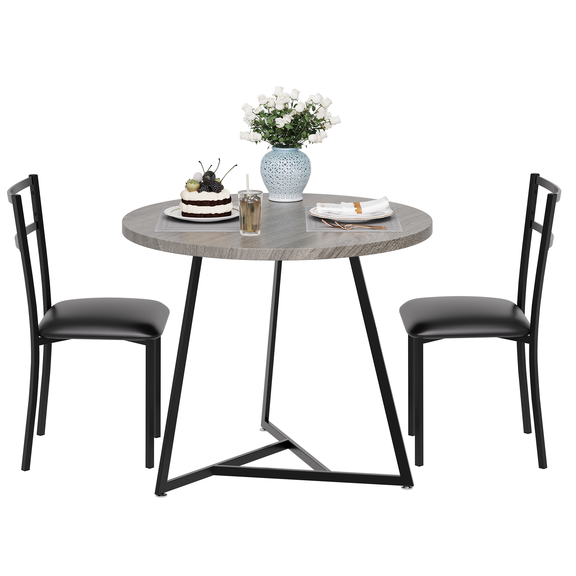 US GARVEE Dining Table Set with 2 Upholstered Chairs, Round Table, MDF Board, Solid Steel Frame, Compact for Small Spaces - Rustic Gray