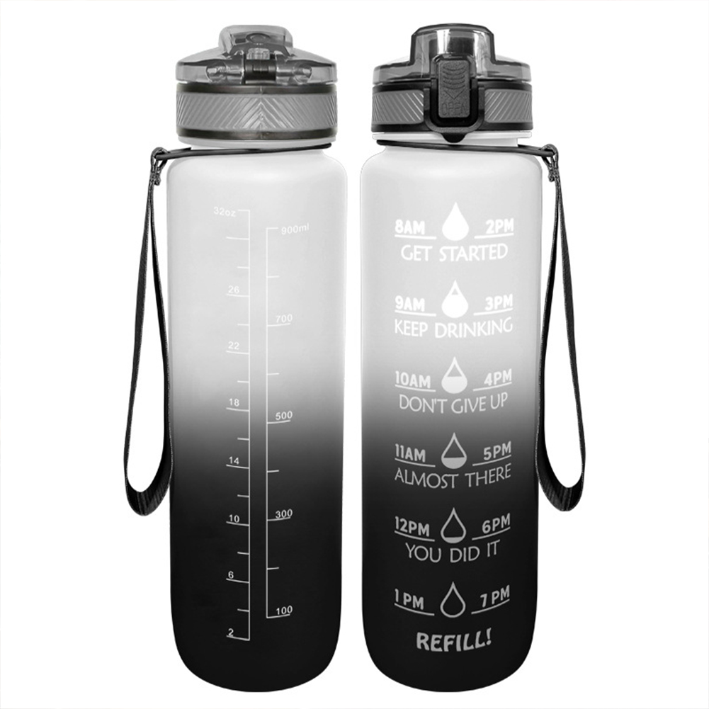 32OZ 1000ML Space  Cup Time Marker Leakproof BPA Free Portable Climbing Camping Sports Bottle White black