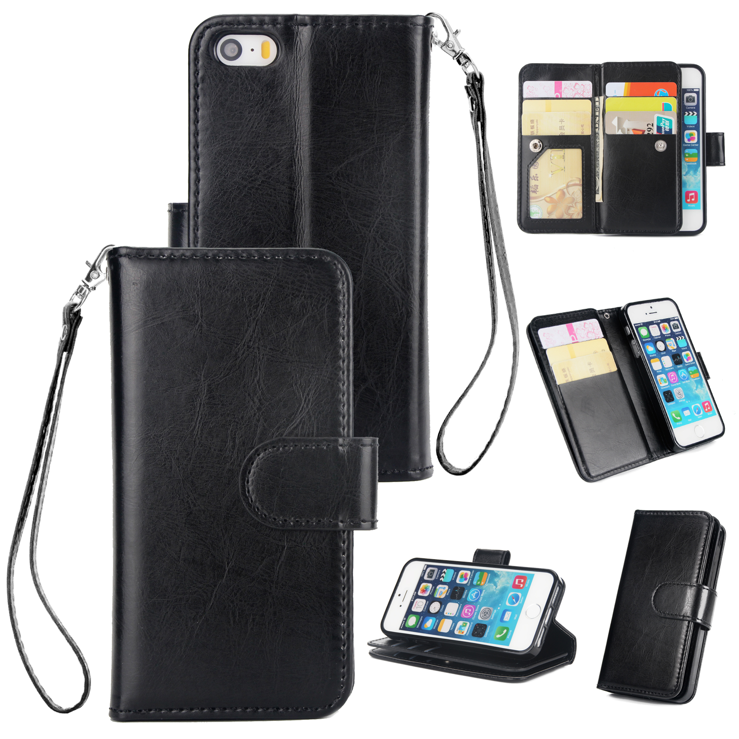 For iPhone 5/5S/SE PU Cell Phone Case Protective Leather Cover with Buckle & 9 Card Position & Lanyard & Bracket black