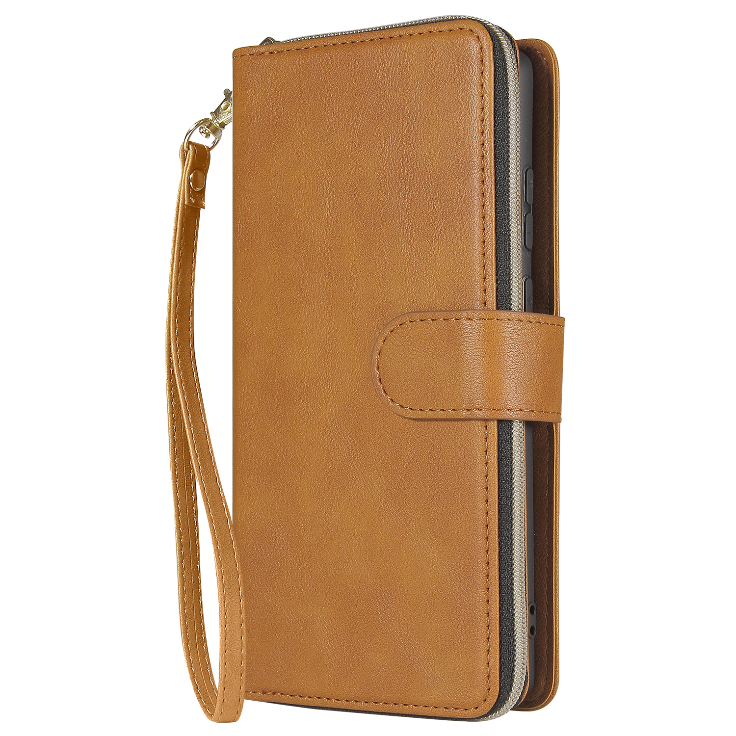 For Samsung A51 5G/A71 5G/Note 10 pro Pu Leather Mobile Phone Cover Zipper Card Bag + Wrist Strap brown
