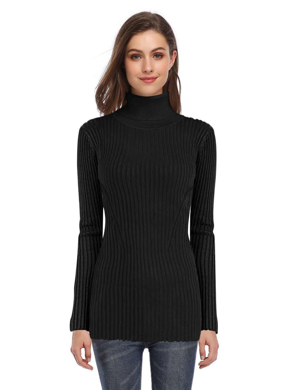 US YesFashion Women's High Neck Long Sleeve Elastic Knitted Slim Fit Pullover Sweater