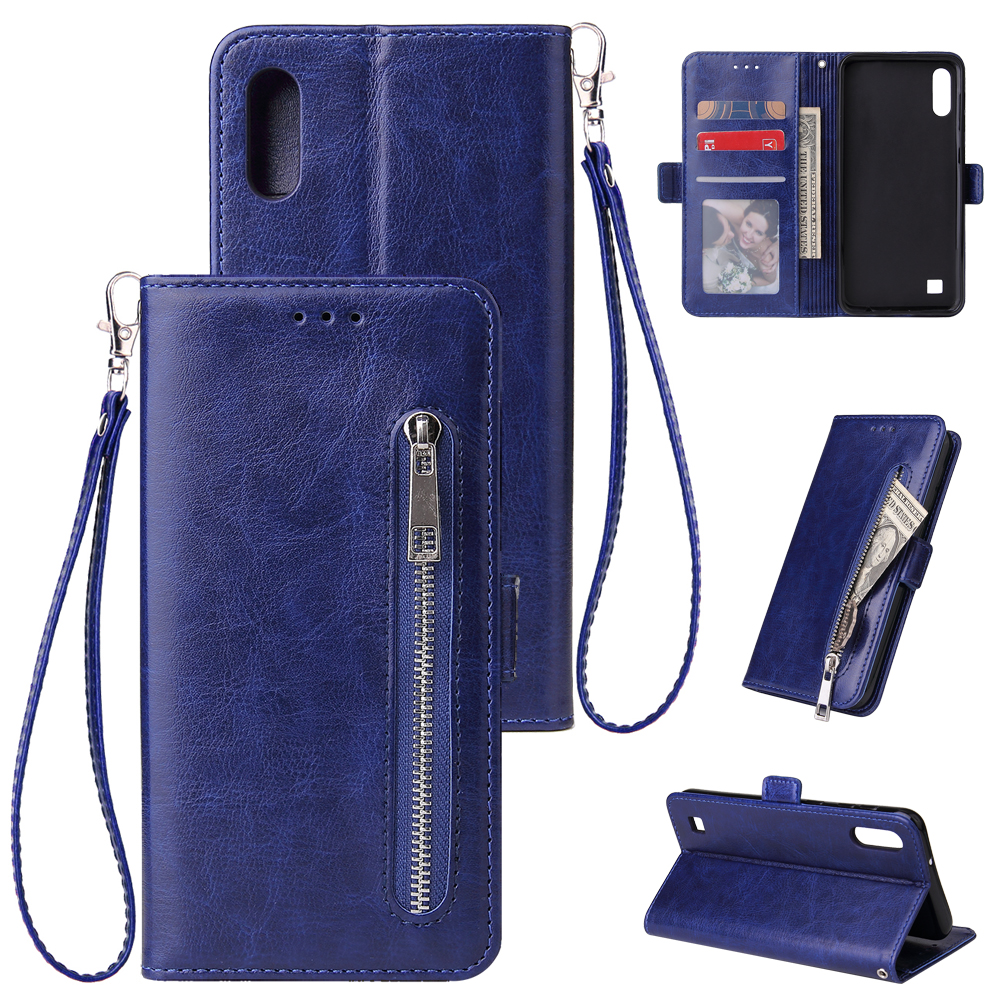 For Samsung A10 Solid Color PU Leather Zipper Wallet Double Buckle Protective Case with Stand & Lanyard blue