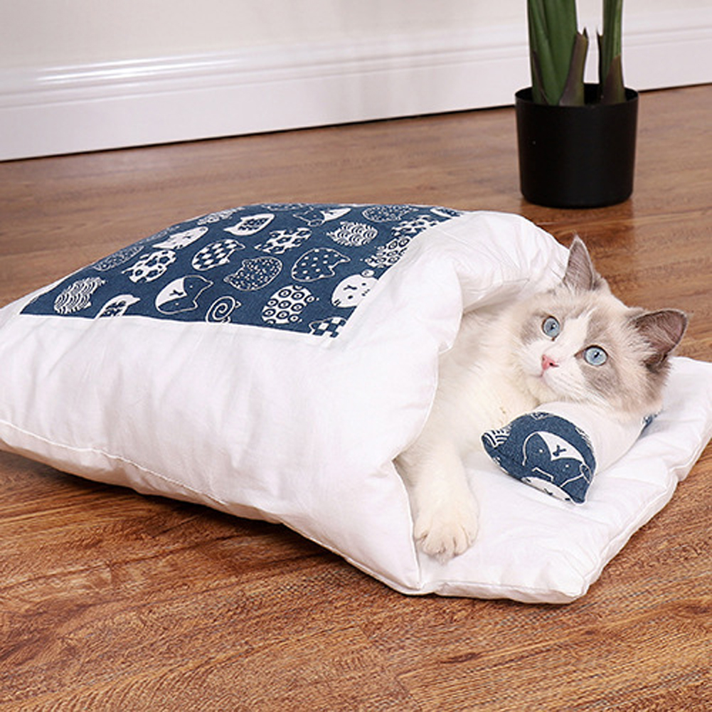 Cat Sleeping Bag Comfortable Breathable Removable Semi-closed Winter Warm Bed Cats Nest Navy Blue Cat