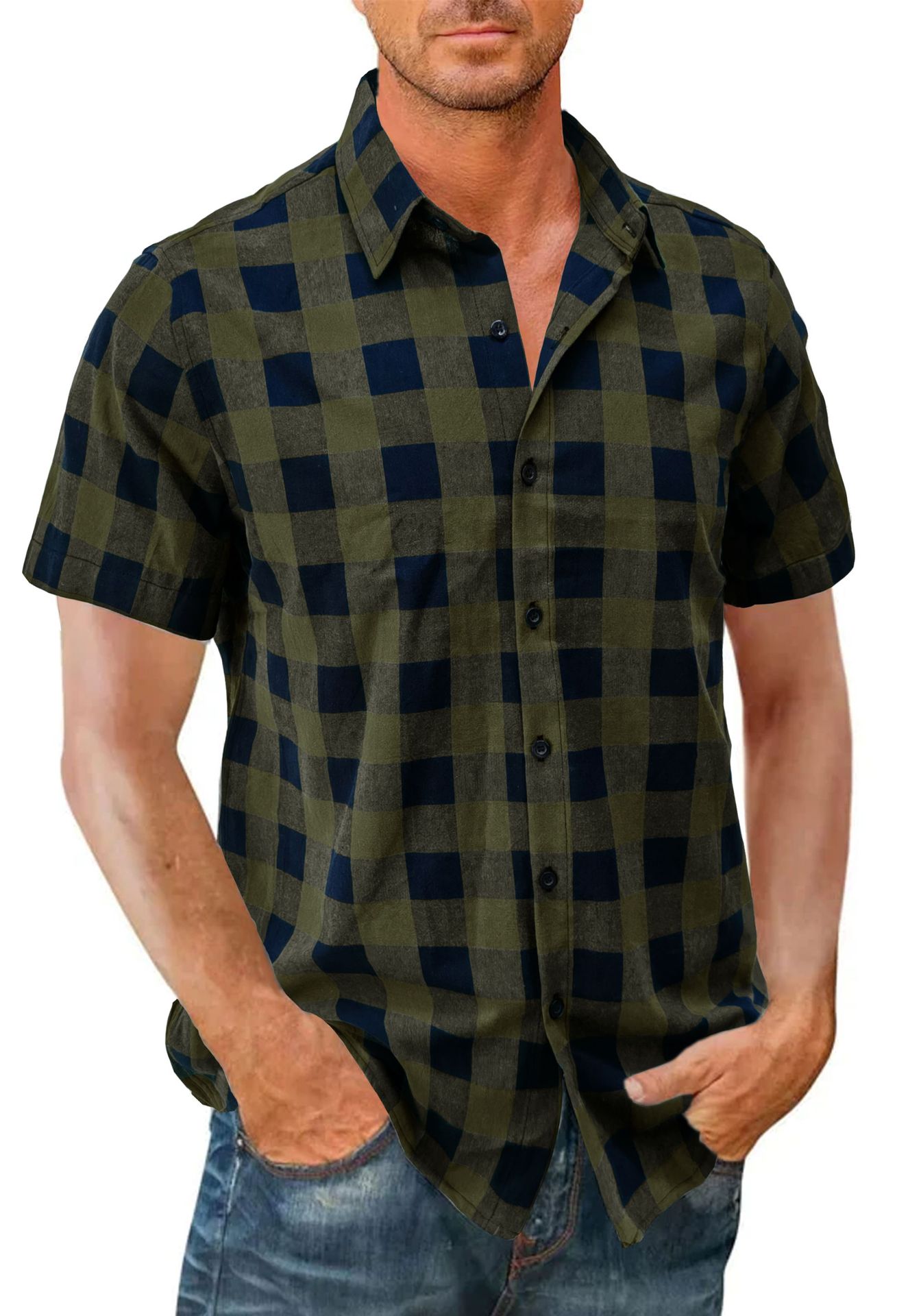 Men Casual Shirt Short Sleeve Plaid Cotton Hawaiian Tops Lapel Loose Cardigan Tops Army Green M