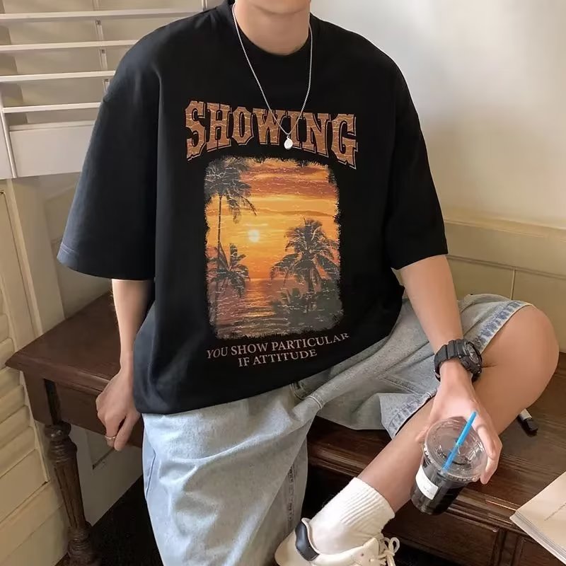 Summer Men Short Sleeves T-shirt Retro Printing Round Neck Pullover Tops Casual Loose Large Size Shirt black 2XL