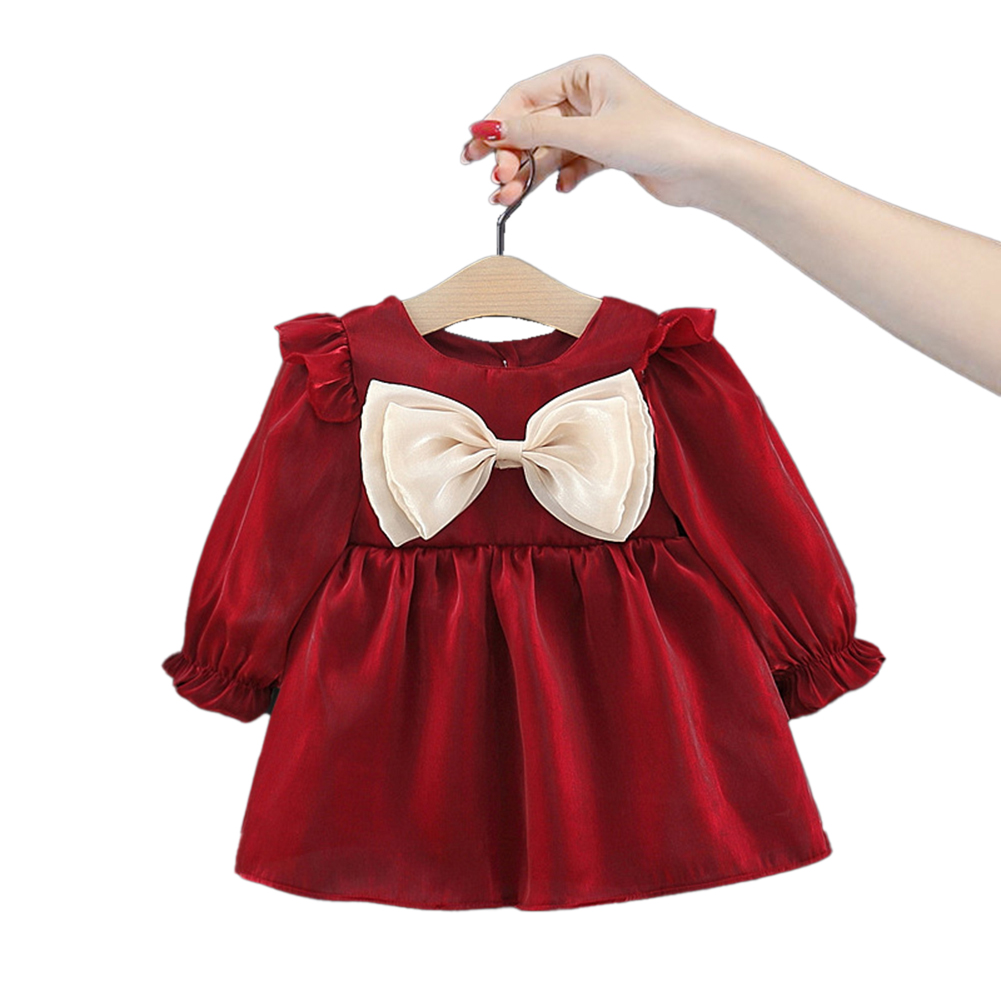 Kids Long Sleeves Dress Stylish Bowknot Cute Princess Skirt Simple Solid Color Dress For Girls Aged 1-3 red CM: 73