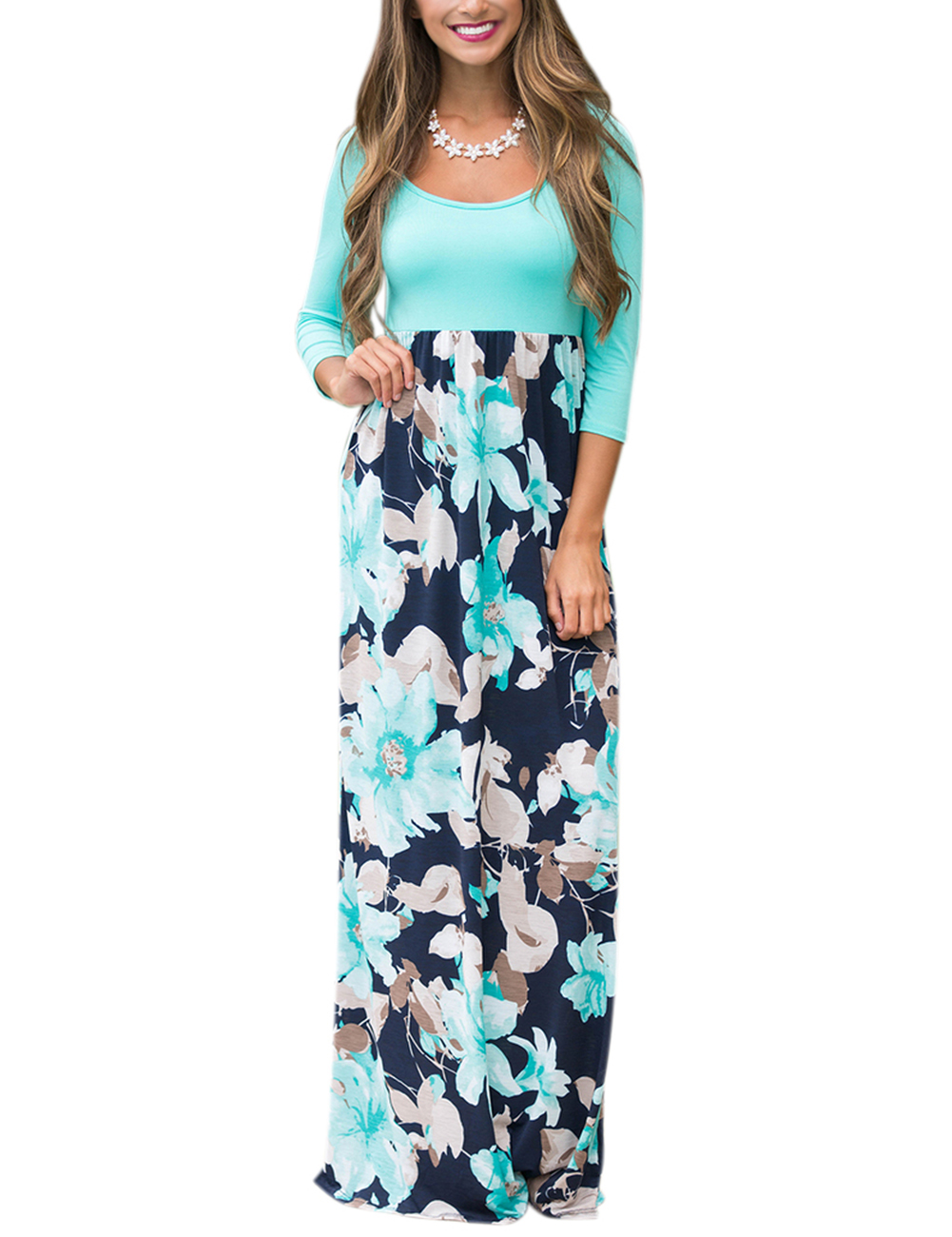 GloryStar Women 3/4 Sleeve Scoop Neck Spliced Floral Boho Maxi Holiday Dress L