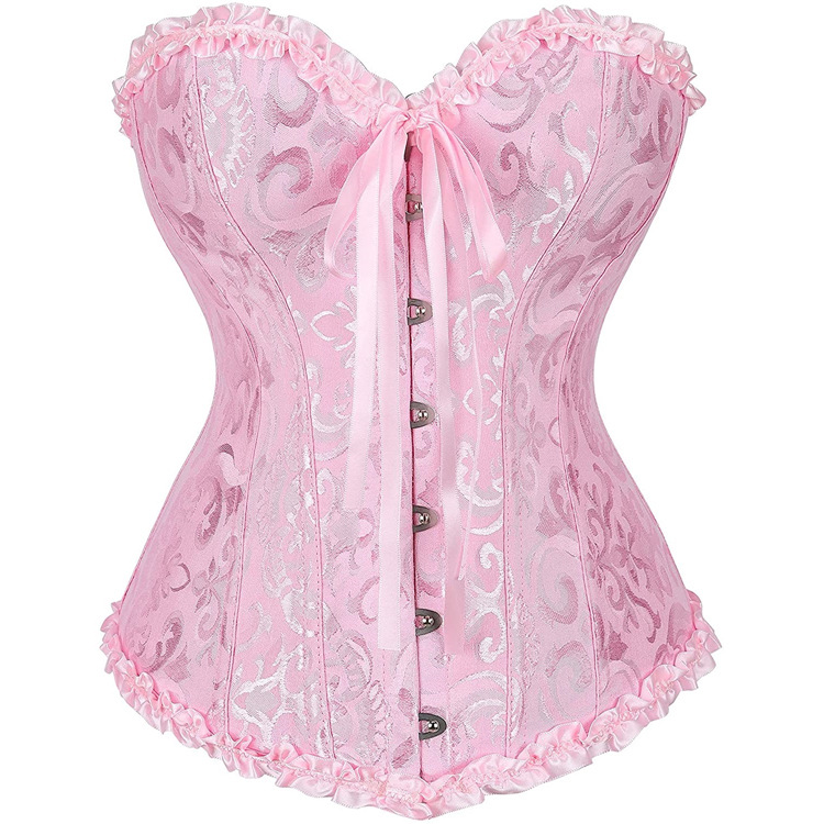 Women Corset Bustier Lingerie Bodyshaper Top Sexy Vintage Lace-up Boned Overbust Strapless Corset Tops pink XXXL