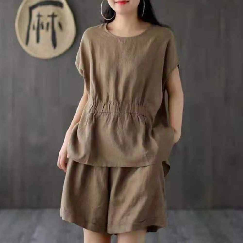 2pcs Women Fashion Cotton Linen Suit Short Sleeves Solid Color Shirt Casual Shorts Two-piece Set Khaki XL