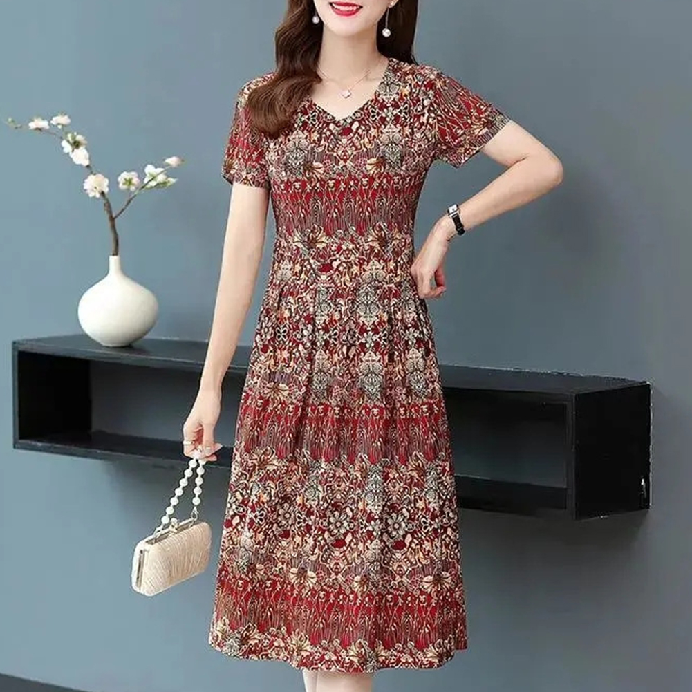 Women V-neck Dress Summer Ice Silk Short Sleeves A-line Skirt Large Size Loose Casual Dress red XXXL