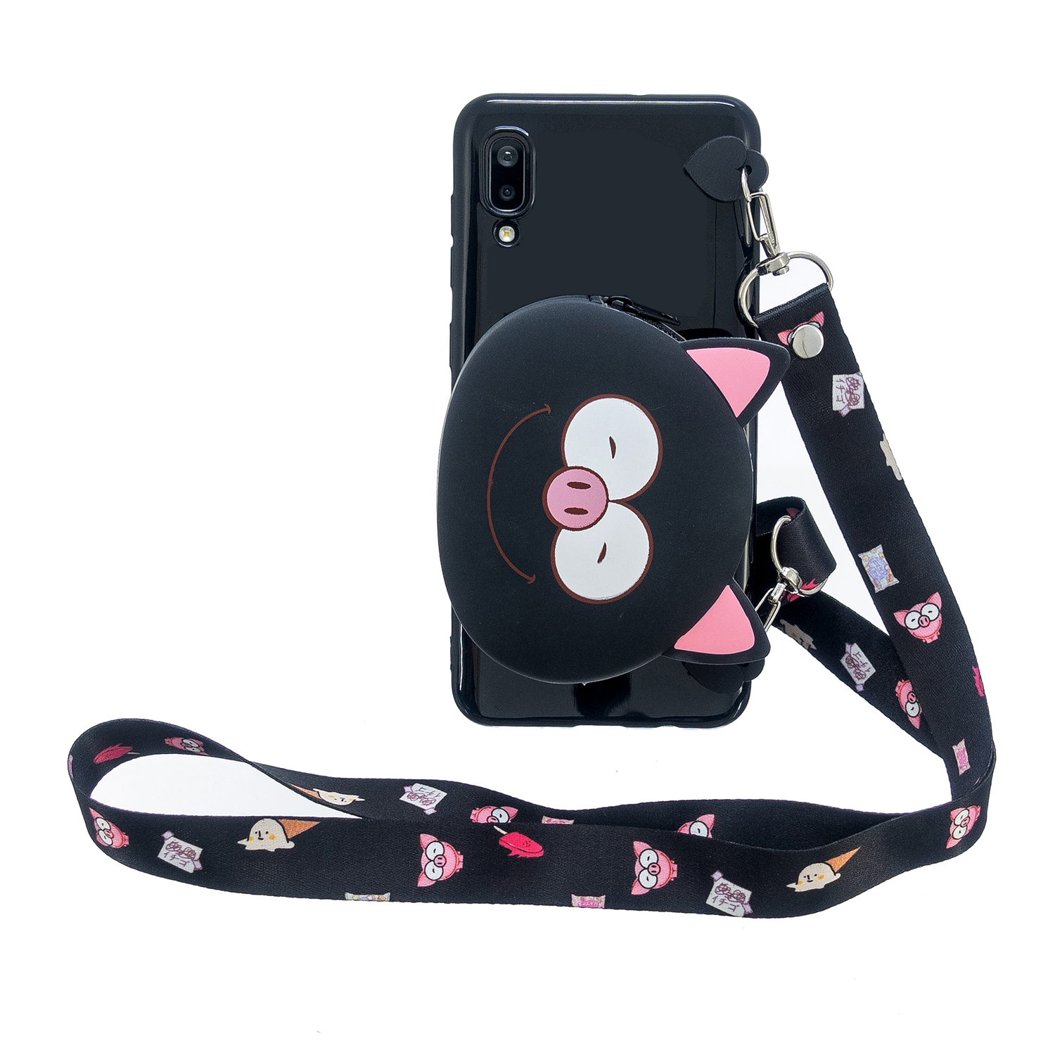 For Samsung A10/A20/A30 Case Mobile Phone Shell Shockproof TPU Cellphone Cover with Cartoon Cat Pig Panda Coin Purse Lovely Shoulder Starp  Black