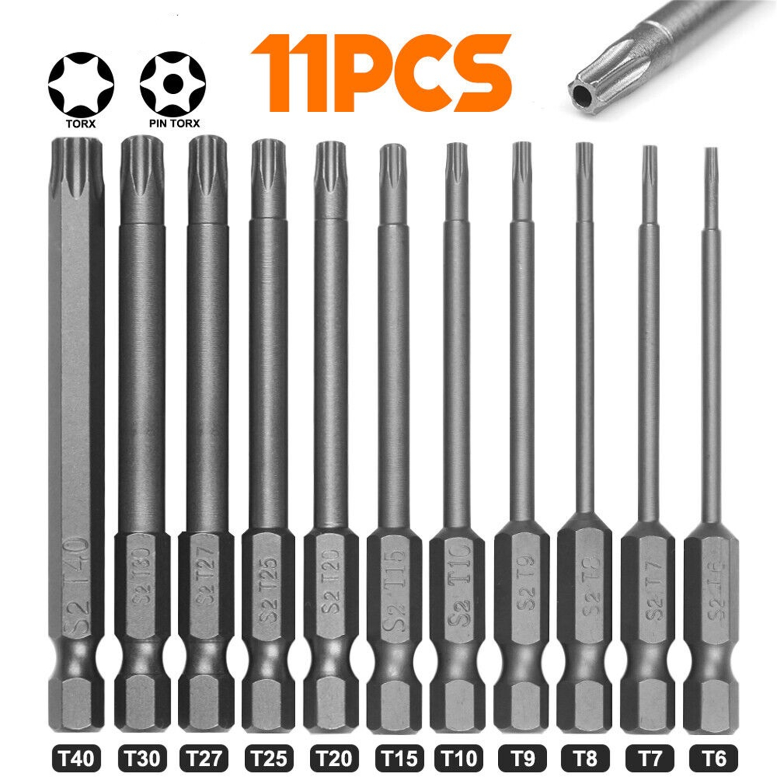 11PCs Torx Bit Set Extra Long Bit Socket Set S2 Alloy Steel Bit Screwdriver Wrench Drill Bit Set 1/4 Inch Drive 75mm Socket Drill Bit 11pcs