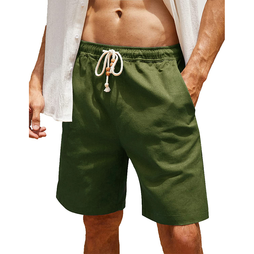 Men Cotton Linen Shorts With Pockets Large Size Casual Loose Breathable Straight Pants Army Green 3XL
