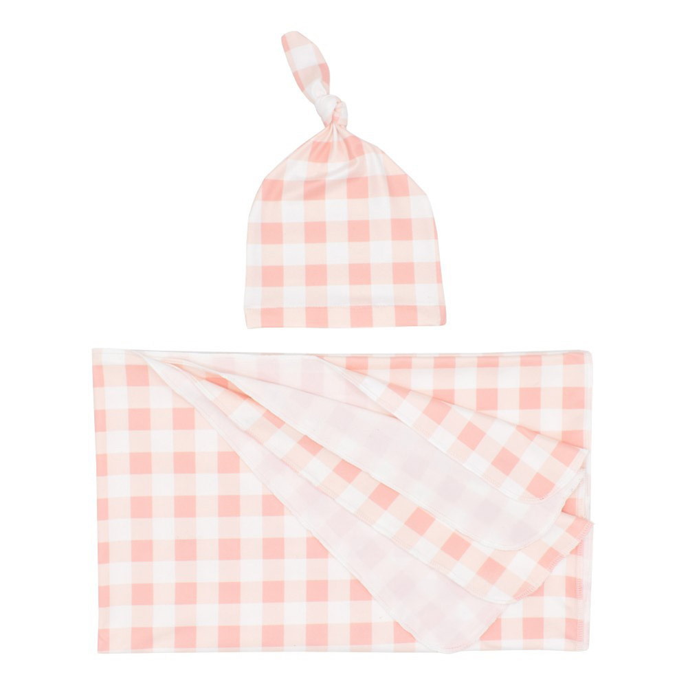 2Pcs/Set Newborn Plaid Printing Swaddle Blanket with Beanie Set Soft Stretchy Towel for Baby Boys Girls Meat meal plaid_80*100cm