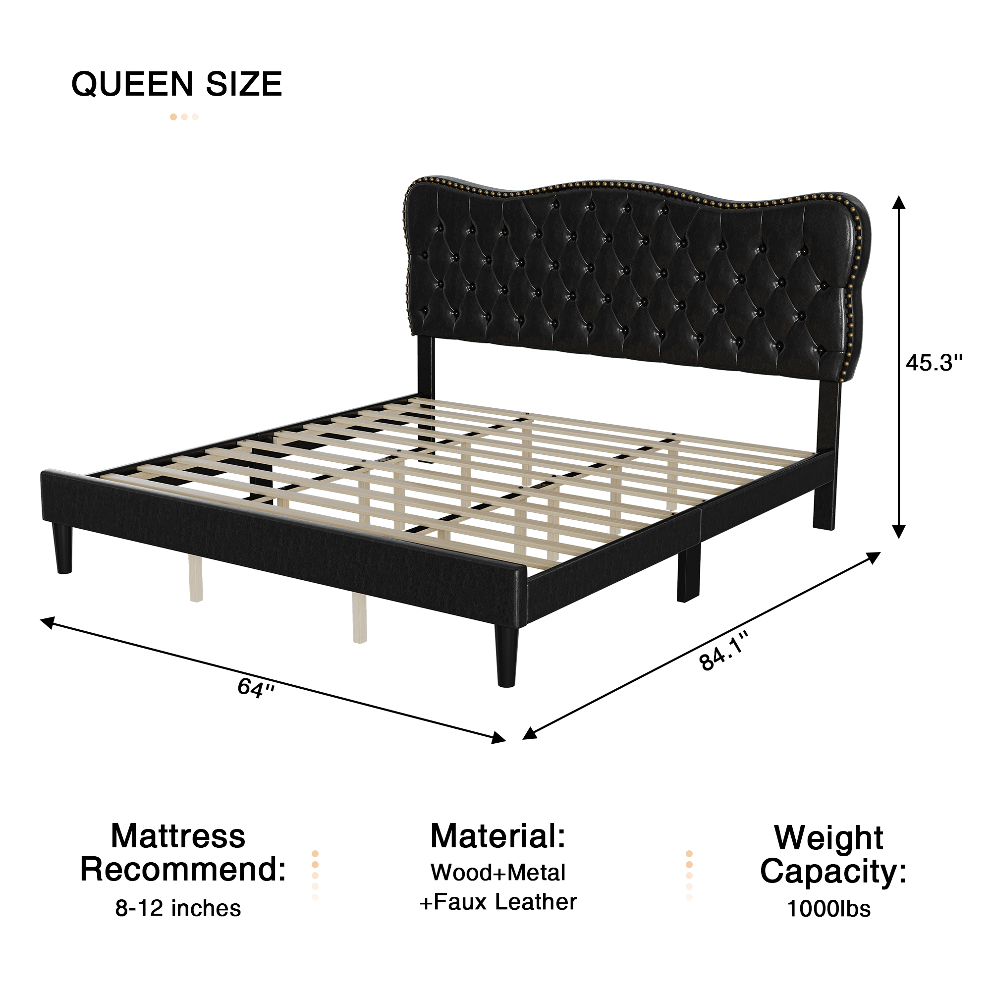 US GARVEE Queen Size Faux Leather Upholstered Platform Bed Frame - Wood Slats, Adjustable Headboard, and Heavy Duty Mattress Foundation, Noise Free Design and No Box Spring Needed in Black