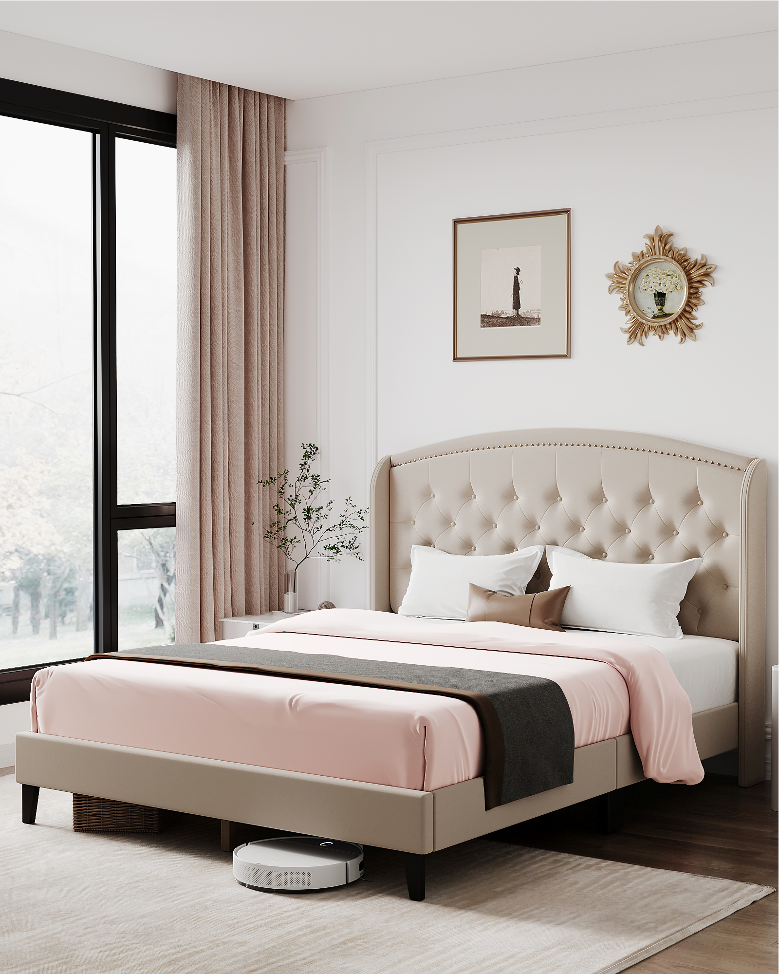 US GARVEE Full Size Upholstered Platform Bed Frame + Wingback Headboard + Button Tufted Design + Wood Slat Support + Easy Assembly + No Box Spring Needed + Off White