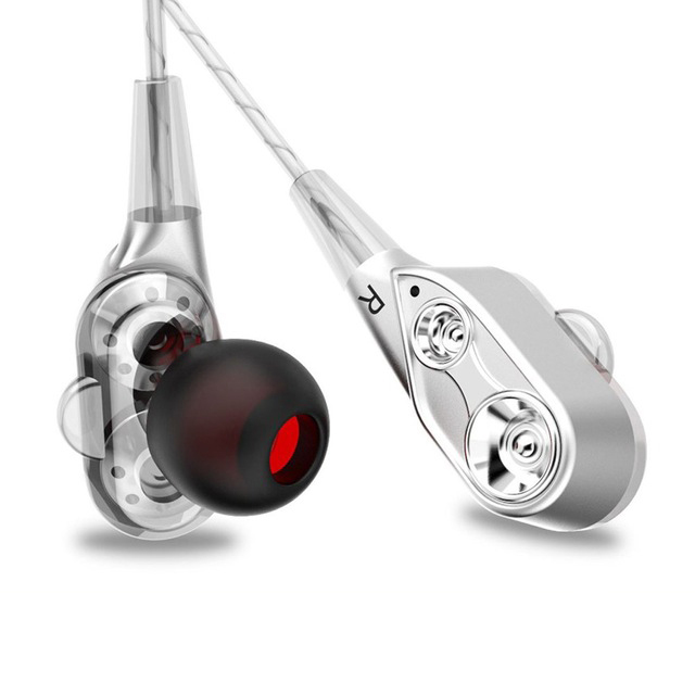 In-Ear Wired Earphone High Bass Dual Drive Stereo Earphones with Microphone Computer Earbuds for Phone Sports Silver
