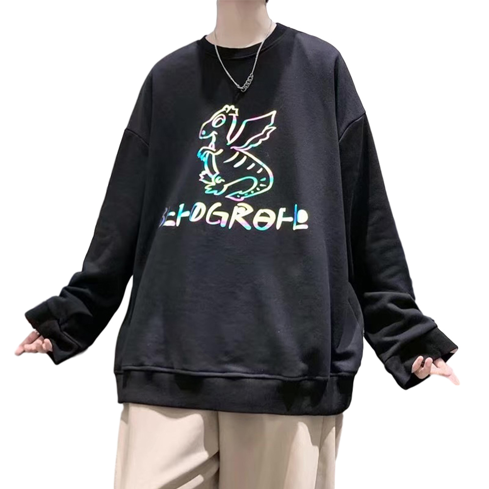 Men Sweatshirts Round Collar fashion Oversized  Small Dinosaur Print Long Sleeve Shirt Black _XL