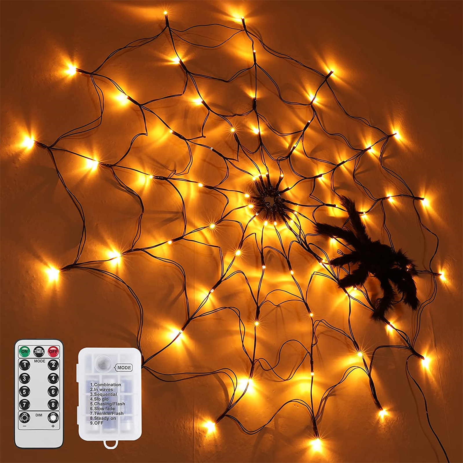 1m 70led Spider Web Lights with Plush Spider Halloween Decorative Lamp