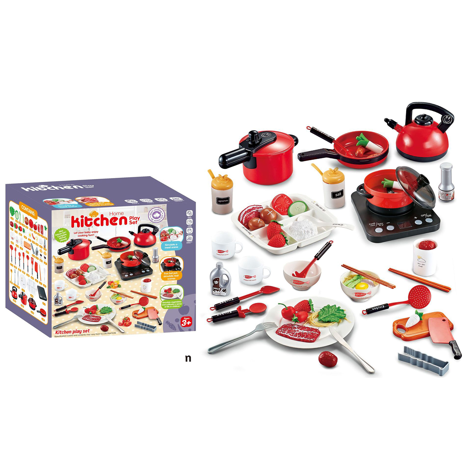 36pcs/50pcs Play Kitchen Accessories Toy With Light Music Play Food Sets Pretend Play Kitchen Kits For Girls Boys Gifts 50-piece set red