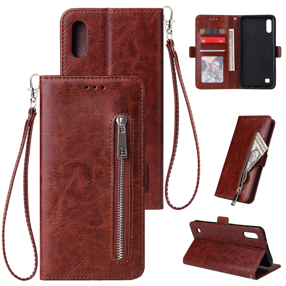 For Samsung A10 Solid Color PU Leather Zipper Wallet Double Buckle Protective Case with Stand & Lanyard brown