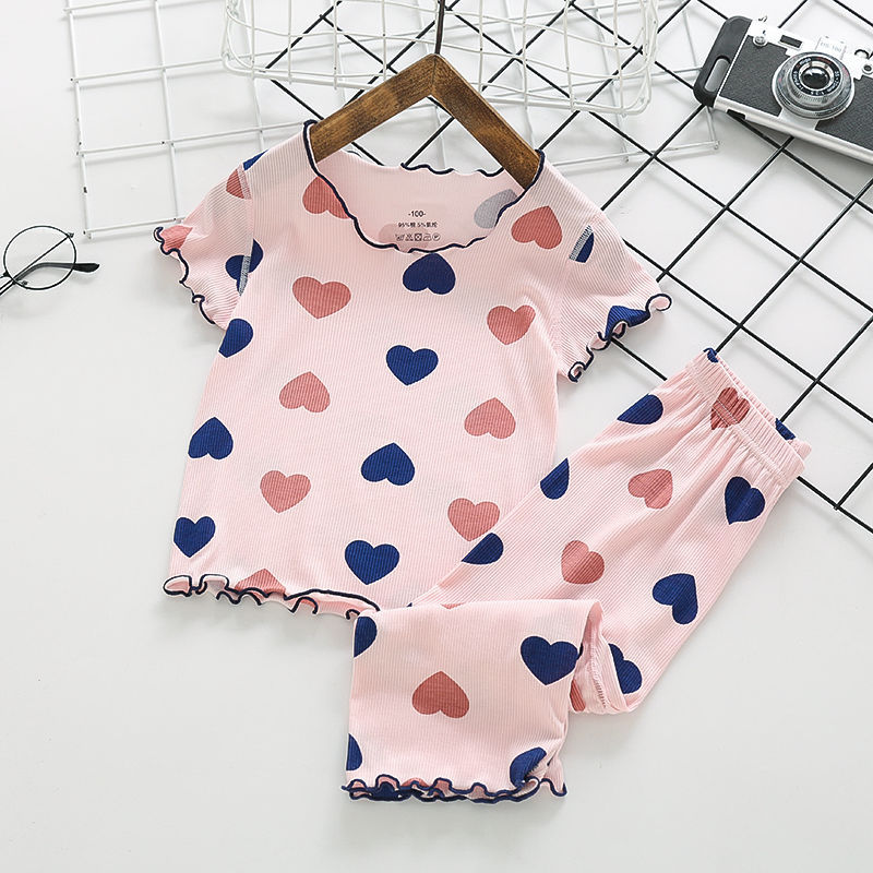 2-piece Kids Baby Pajamas Kit Short Sleeve Shirt Long Pants Summer Air-conditioning Home Clothes Sleepwear pink 5-6Y 110cm