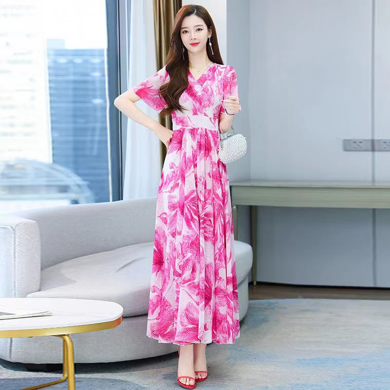 Women V Neck Short Sleeves Dress Summer Sweet Floral Printing A-line Skirt Trendy Slimming Pullover Dress Pink 3XL