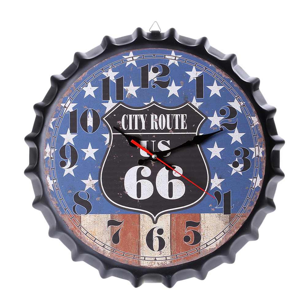 Metal Retro Bottle Cap Mute Wall Clock  Beer Bottle Cover Wall Clock Home Decoration Self-provided 1 AA Battery Style 6