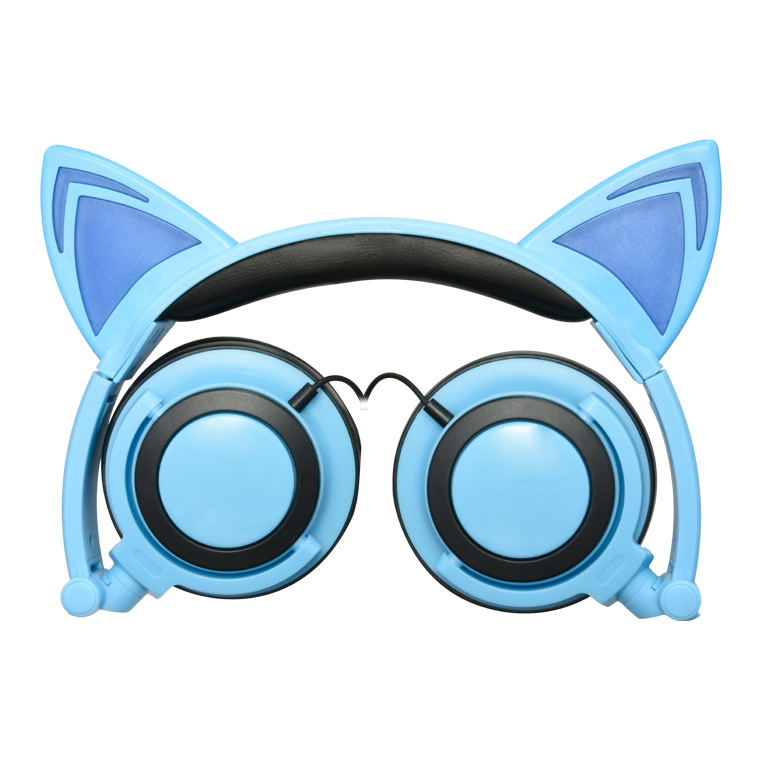 Head-mounted Foldable Lovely Cat Ear Headphone LED Flashing Glowing Headset for Adult and Children   blue