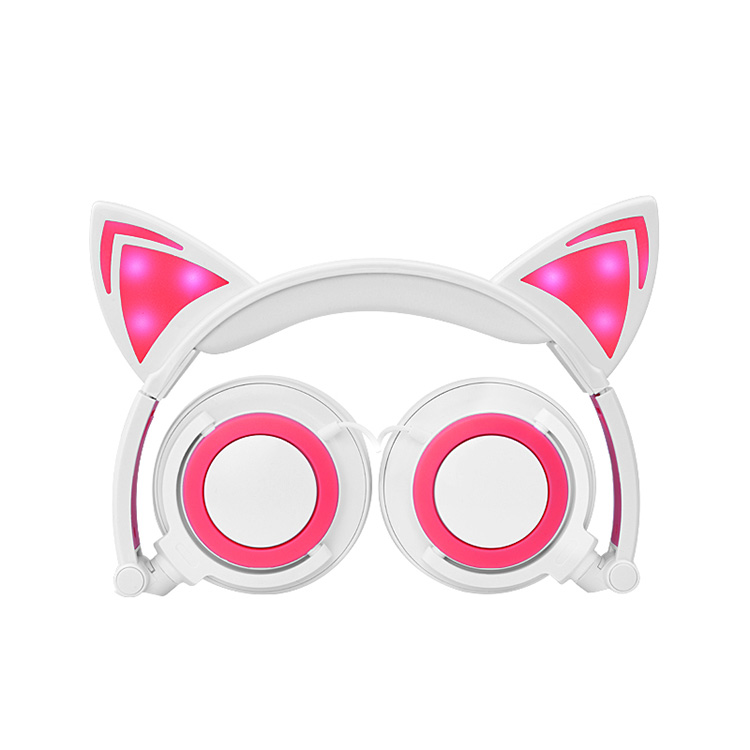 Head-mounted Foldable Lovely Cat Ear Headphone LED Flashing Glowing Headset for Adult and Children   pink white