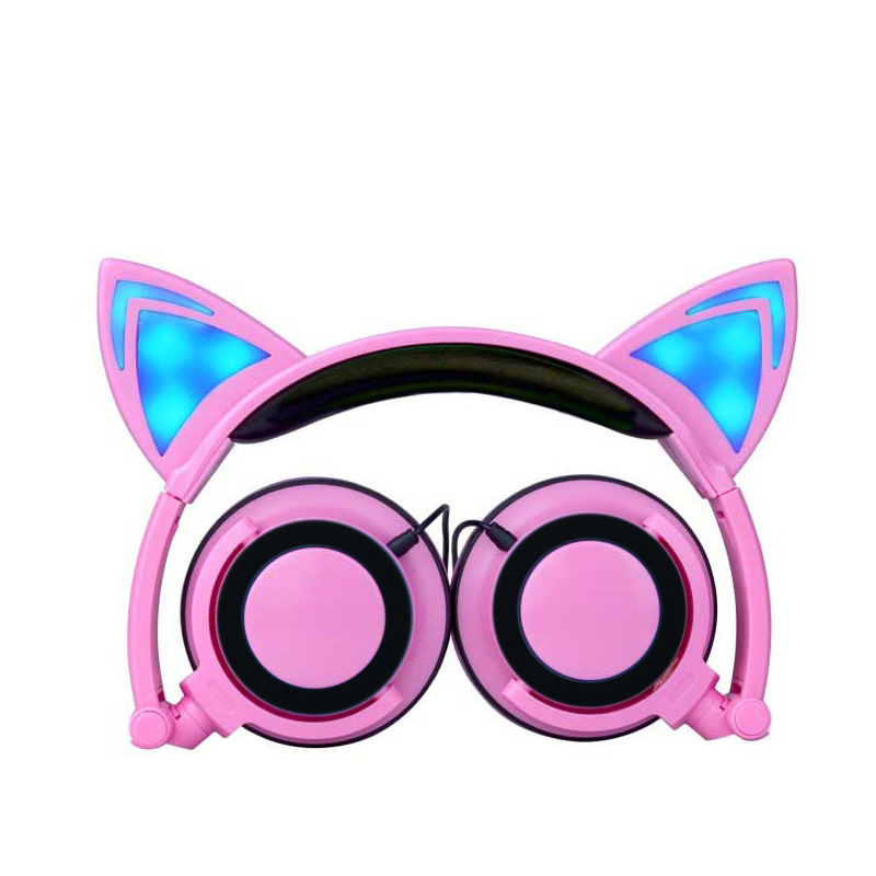 Head-mounted Foldable Lovely Cat Ear Headphone LED Flashing Glowing Headset for Adult and Children   Pink