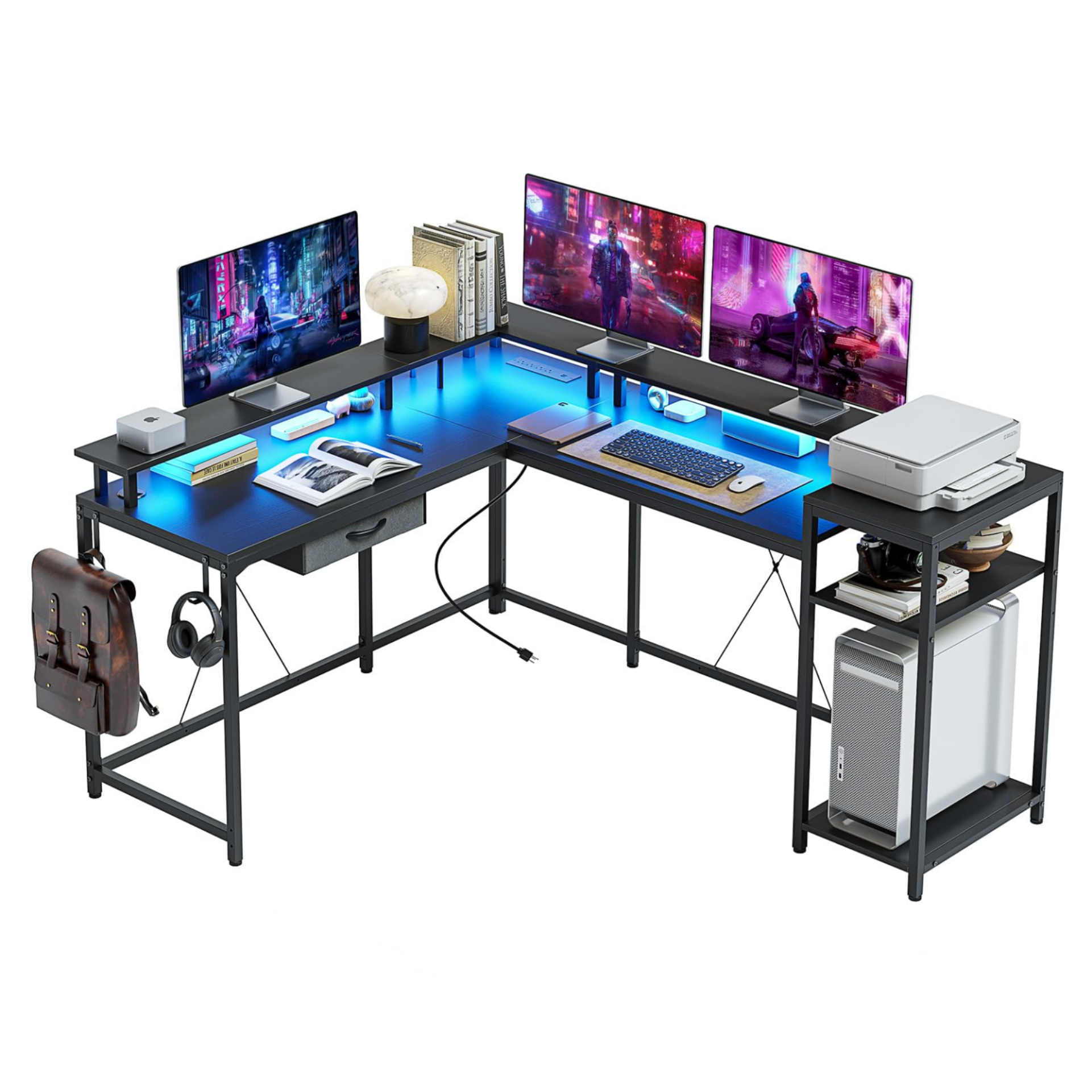 US GARVEE L Gaming Desk 68 Inch Home Office Desk with File Drawer & Power Outlet LED Lights Black