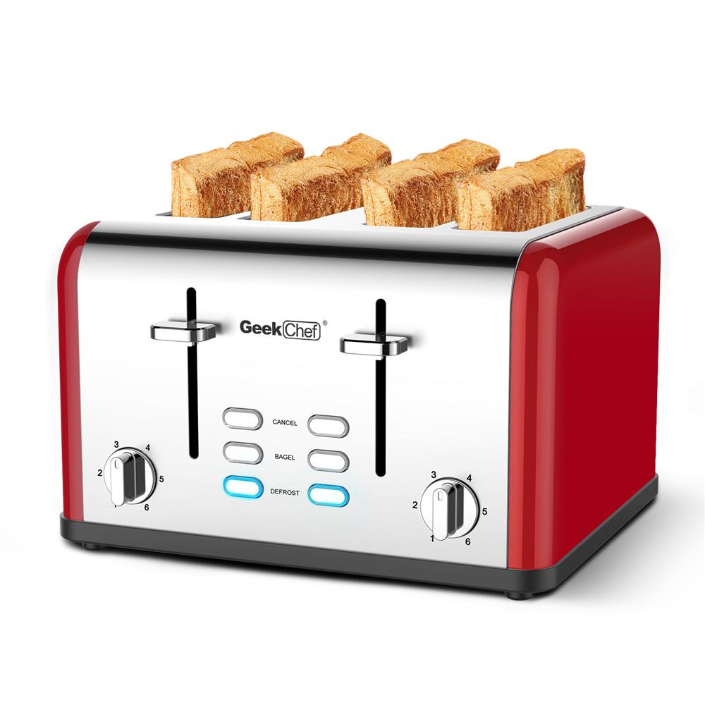 [US Direct] 1 Set Of Stainless Steel Toaster With Ultra-wide Slot Retro Bagel Toaster Dual Control Panel Silver red