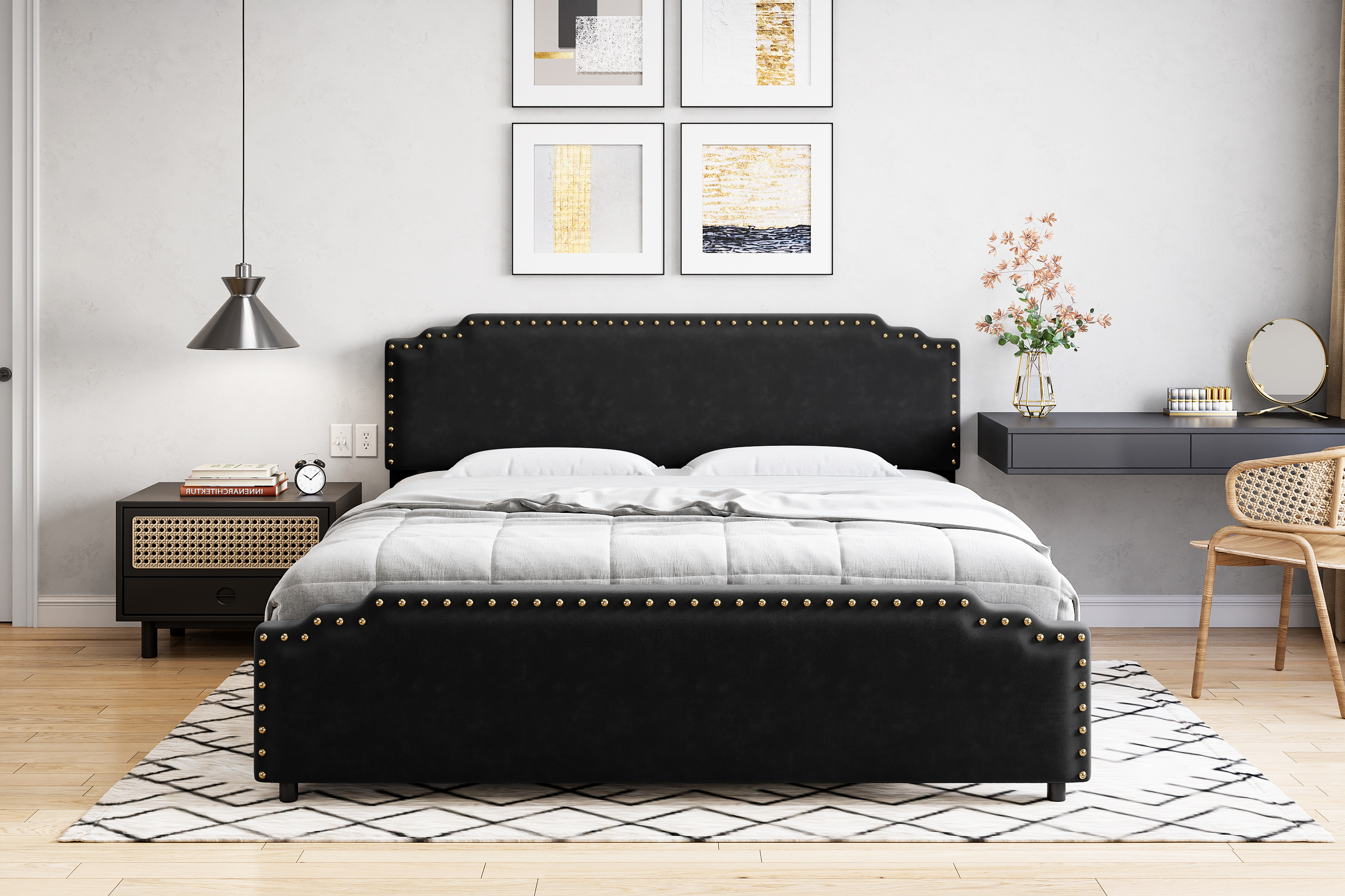US GARVEE King Size Bed Frame, Velvet Upholstered Platform Bed Frame with Rivet Decor Headboard, Strong Wood Slat Support, No Box Spring Needed(Black/King)
