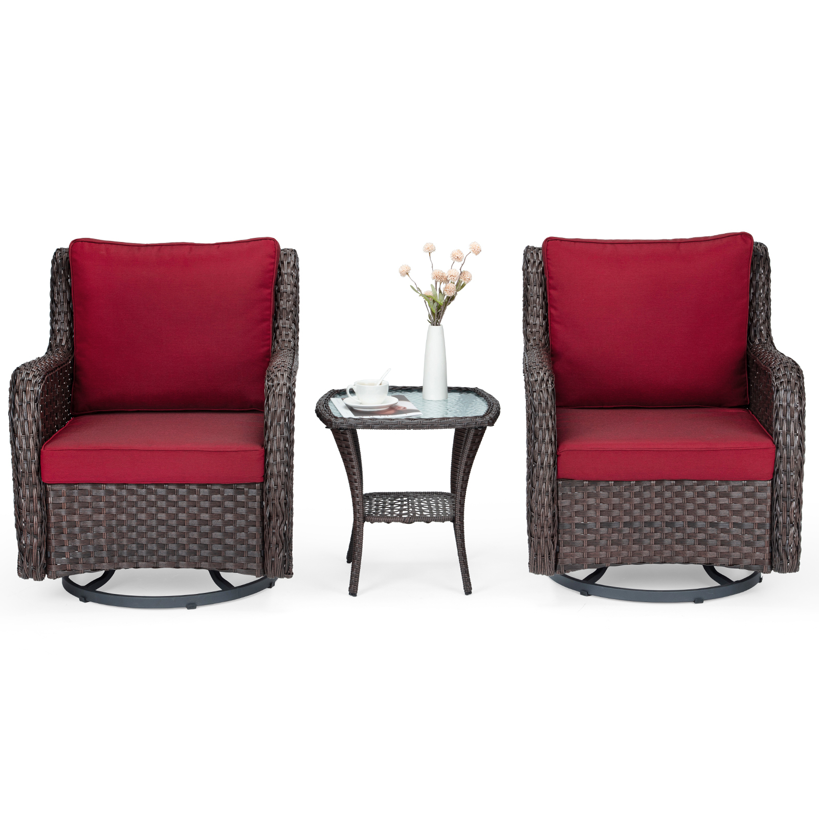 US GARVEE 3 Pieces Rattan Swivel Rocking Chair Outdoor, Patio Bistro Conversation Furniture Set, Wicker Chair with Cushions and Table - Red-Encrypted Rattan