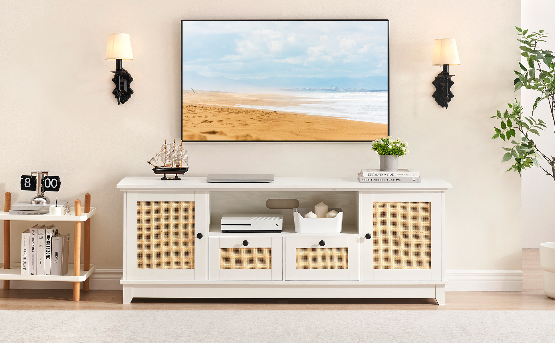 US GARVEE Modern Rattan TV Stand for 65+ Inch TV, MDF Wood, Adjustable Shelves, Cable Management, 2 Drawers, Living Room