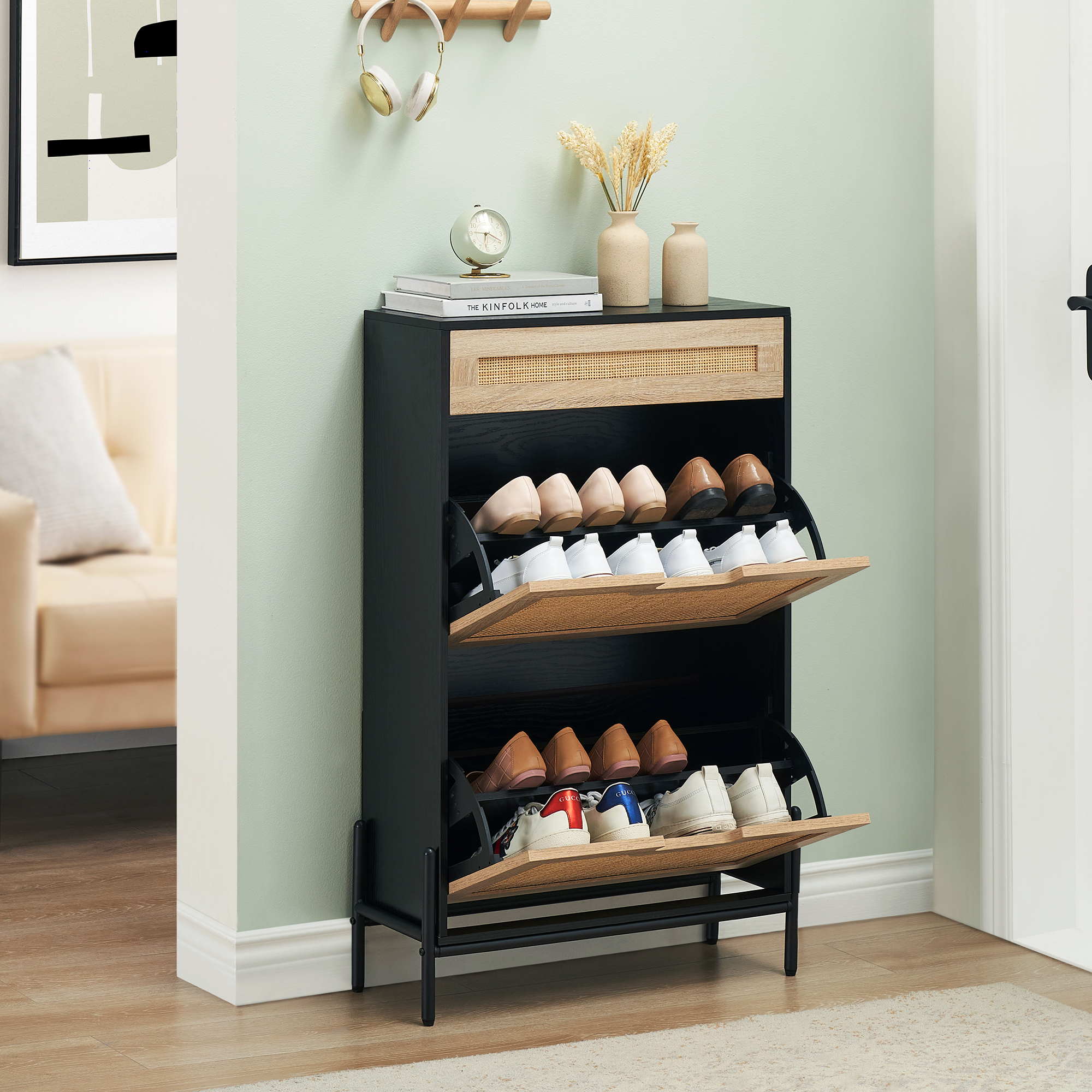 US GARVEE Natural Rattan Shoe Rack Storage Cabinet + Large Capacity + Adjustable Shelves + Solid Wood + Metal Support Feet + Entryway, Hallway