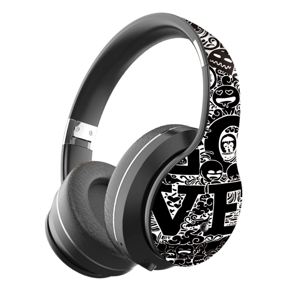 BT Headset Graffiti Pattern Head-mounted Wireless Bluetooth Headphone Universal for PC and Phone Plug-in Card Foldable Black and silver