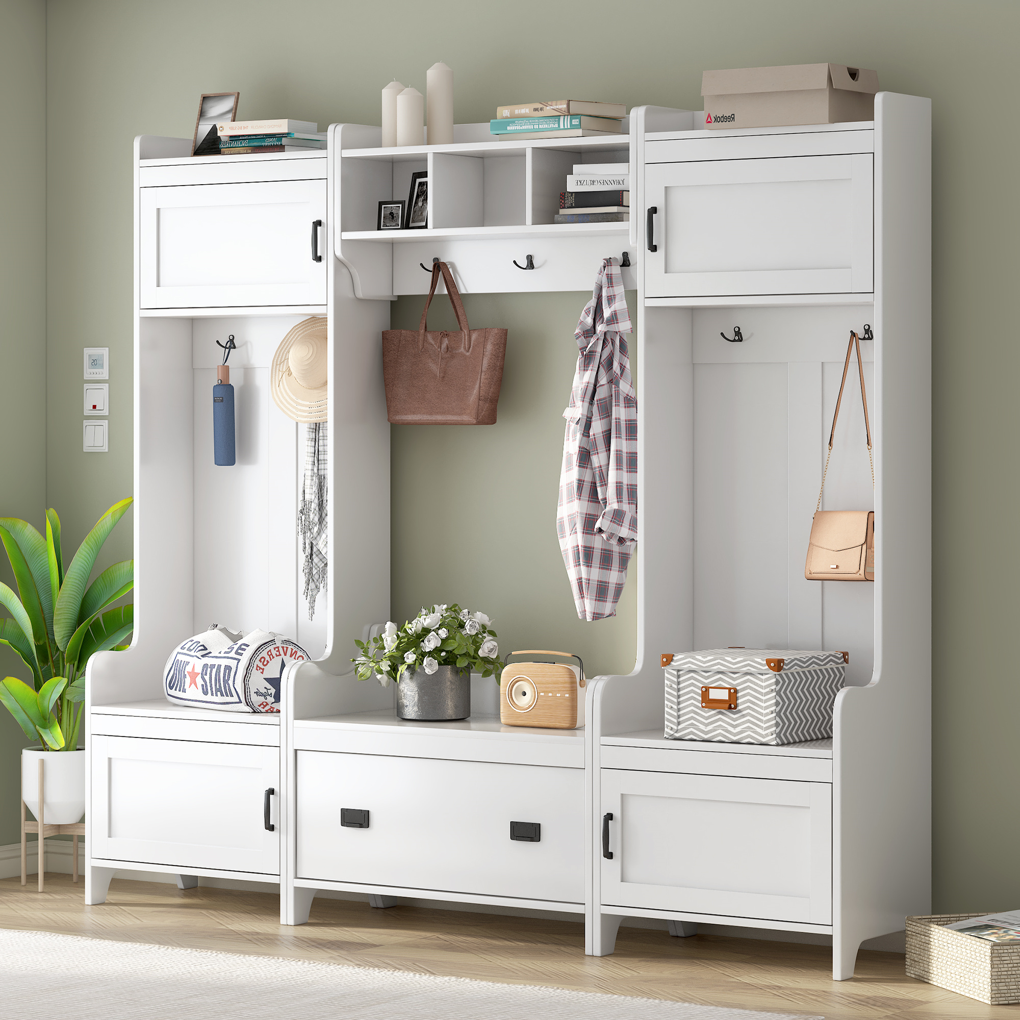 US Modern Style Hall Tree With Drawer Metal Hooks Easy Assembly Hallway Coat Rack For Hallway Living Room Mudroom White