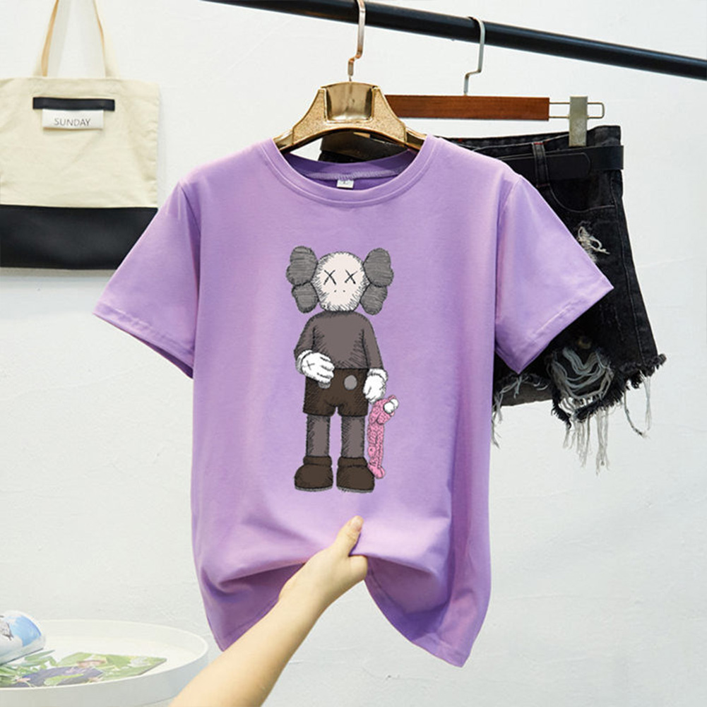 Boy Girl KAWS Couple T-shirt Cartoon Doll Crew Neck Short Sleeve Loose Student Pullover Tops Violet_XXXL