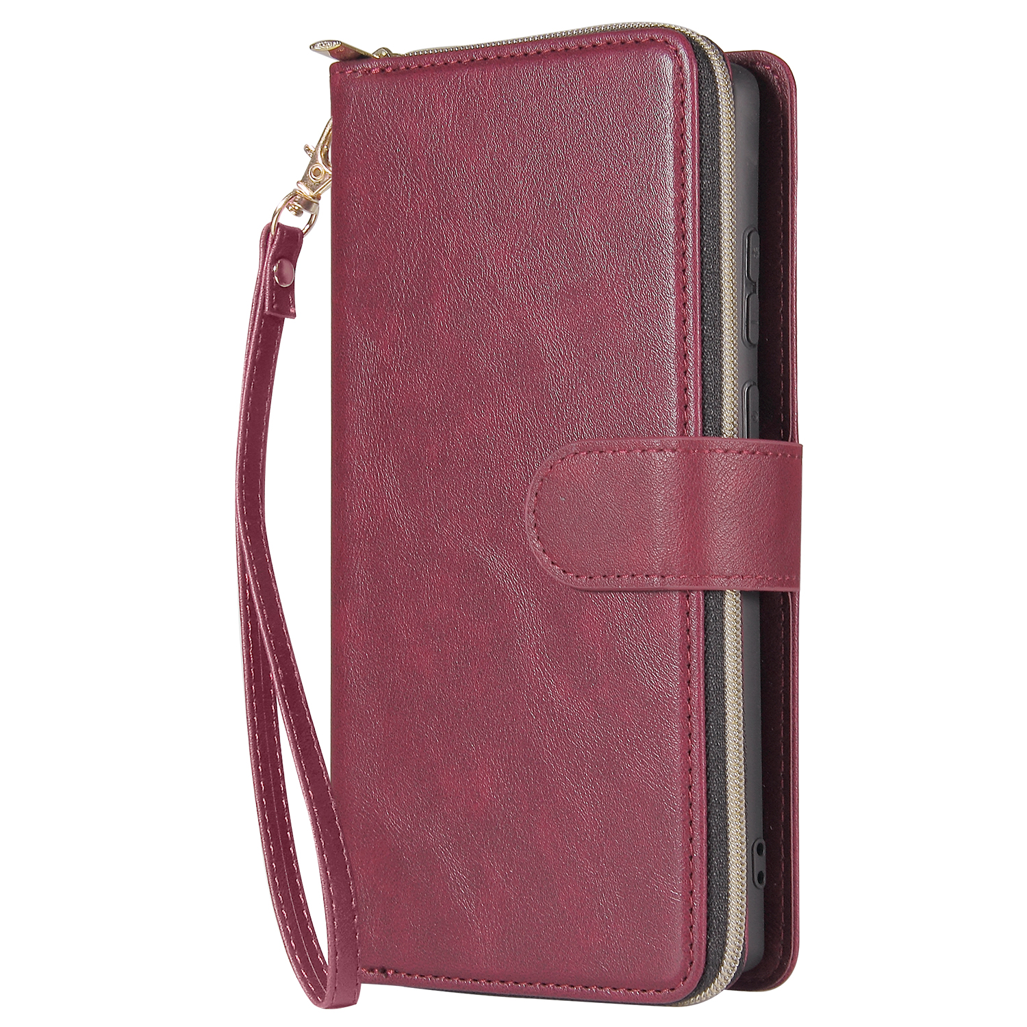 For Samsung A51 5G/A71 5G/Note 10 pro Pu Leather Mobile Phone Cover Zipper Card Bag + Wrist Strap Red wine