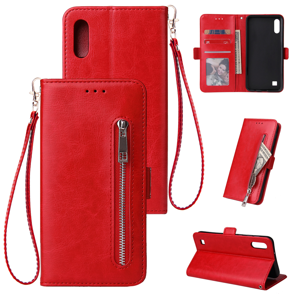 For Samsung A10 Solid Color PU Leather Zipper Wallet Double Buckle Protective Case with Stand & Lanyard red