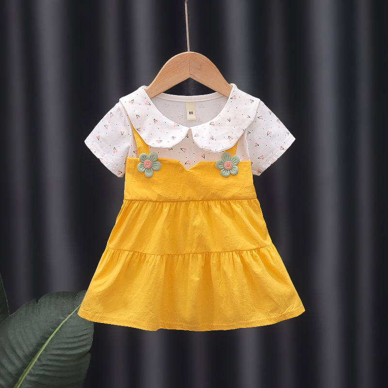 Baby Girl Floral Princess Dresses Short Sleeve Birthday Wedding Party Clothes Suitable For 1-3 Children yellow 28-32M 100