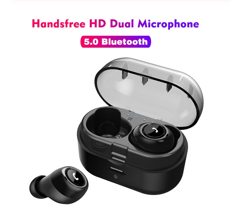 TWS Bluetooth 5.0 Headset Wireless Handsfree Earphones for Sport Driving Stereo Music Mini Earbuds with Charging Box black