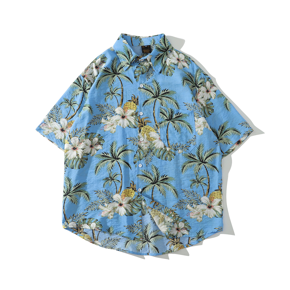 Men Short Sleeves Lapel T-shirt Summer Hawaiian Printing Casual Loose Cardigan Tops blue L