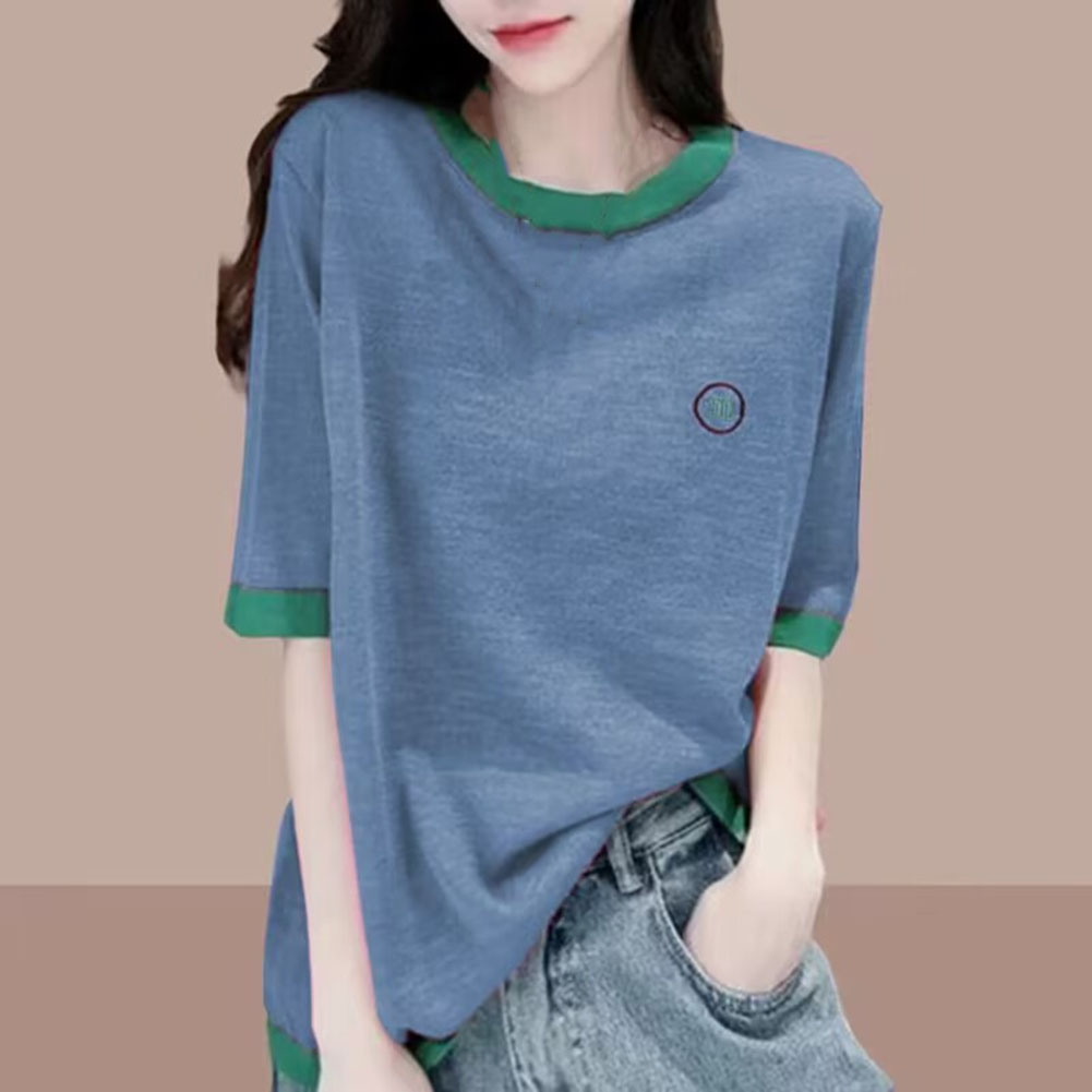 Women Short Sleeves T-shirts Summer Thin Fashion Round Neck Contrast Color Blouse Large Size Loose Casual Tops blue XL