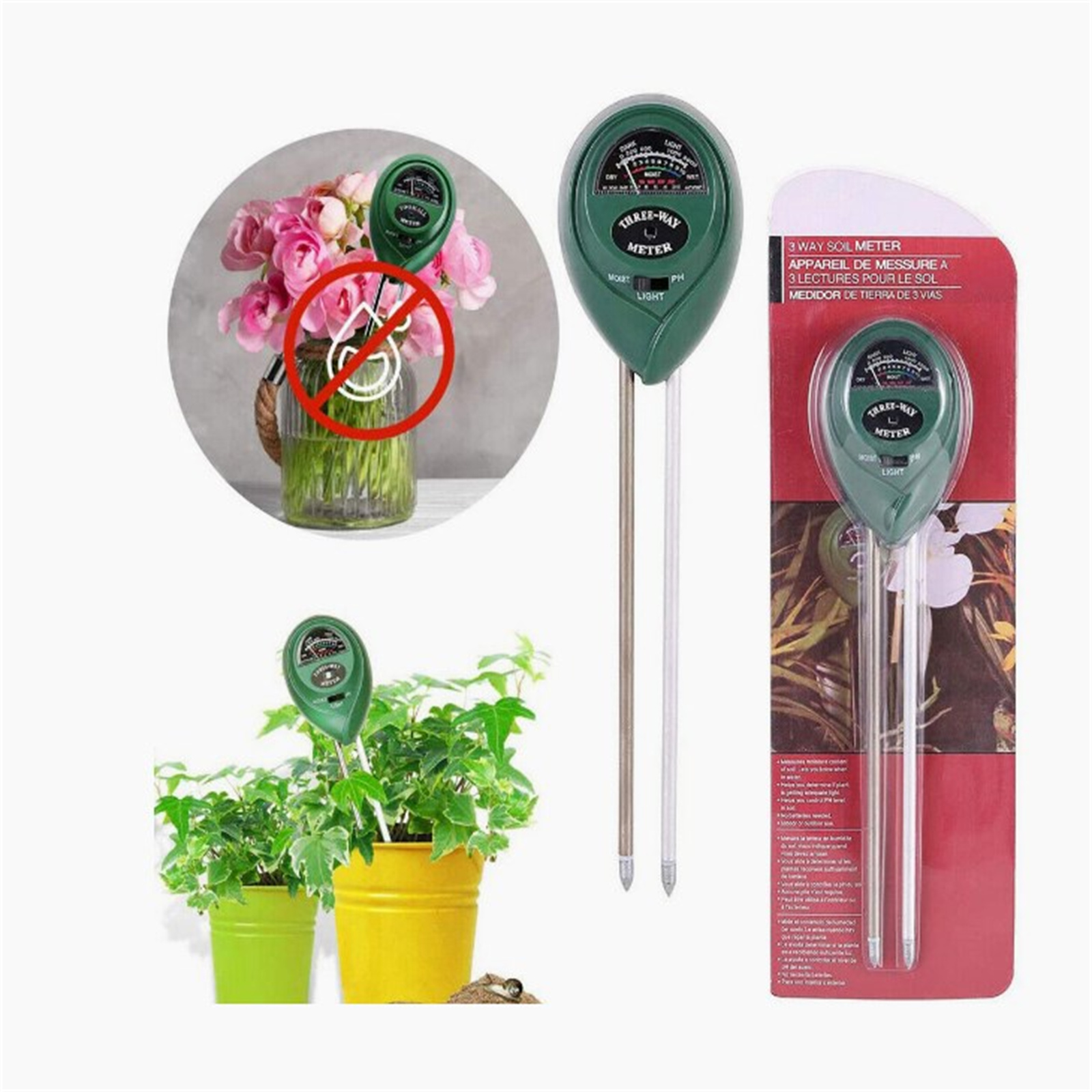3 In 1 Soil Moister Tester Water Ph Light Test Meter Kit Gardening Tools For Garden Indoor Outdoor green