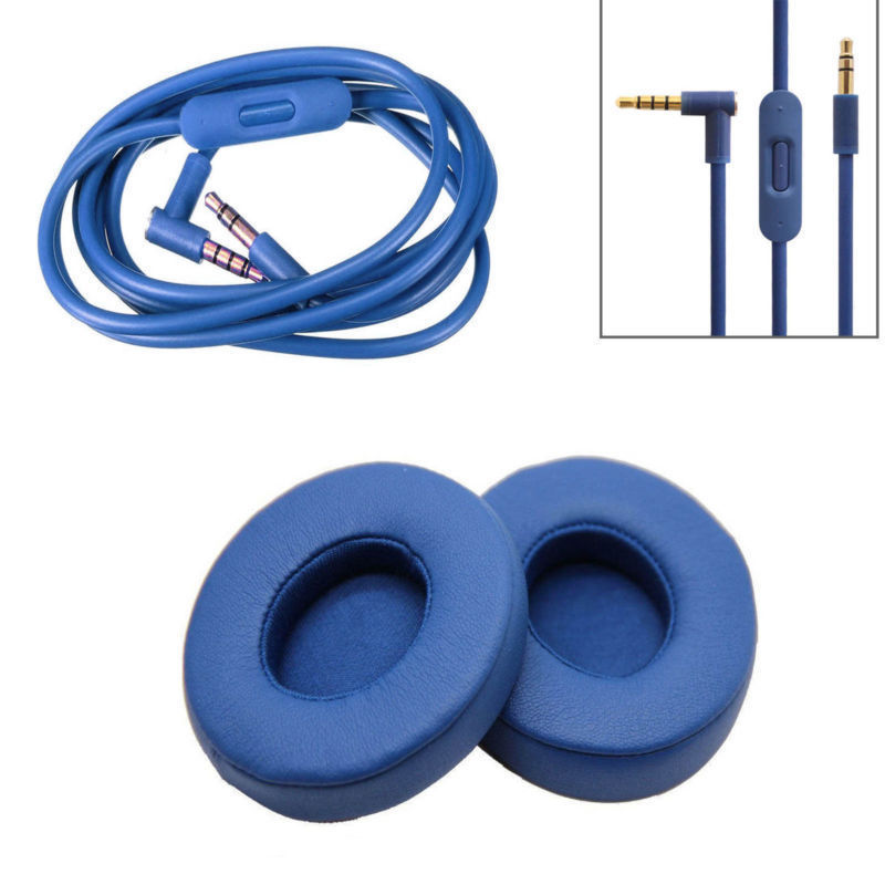 Replacement Ear Pads Cushion+ Audio Cable Cord for Beats by Dr Dre Solo 2 Wired Earphone blue