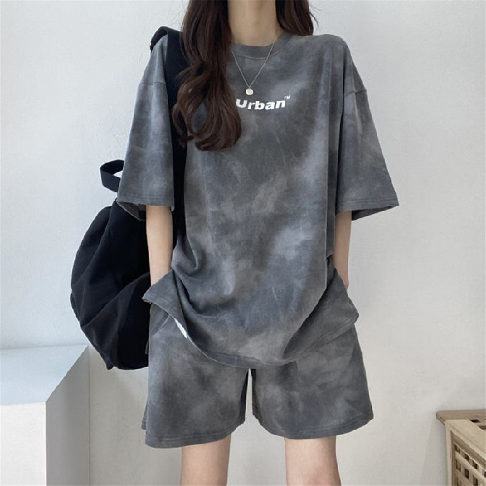 Women Tie-dye Short-sleeve Suit Round Neck Loose Top Shorts Two-piece Set Casual Outfits With Pockets grey XL