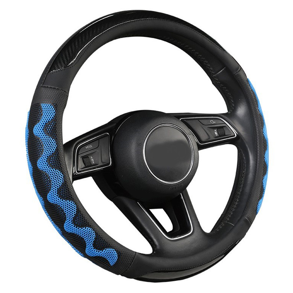 Car Supplies Steering Wheel Cover Genuine Leather SUV Four Seasons Universal Absorbent Non-slip  Cow Skin Cover Black and blue_38cm